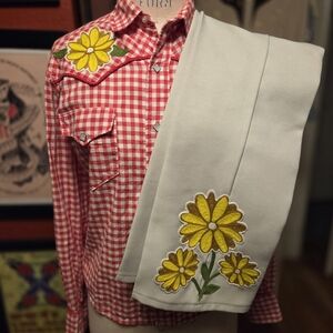 Chainstitched Set: Vintage Gingham Shirt with Yellow Floral Embroidery And Pants